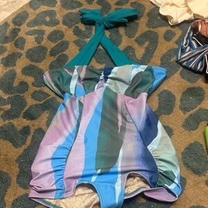 Free People Teal, Blue, Purple Abstract One-Piece Swimsuit